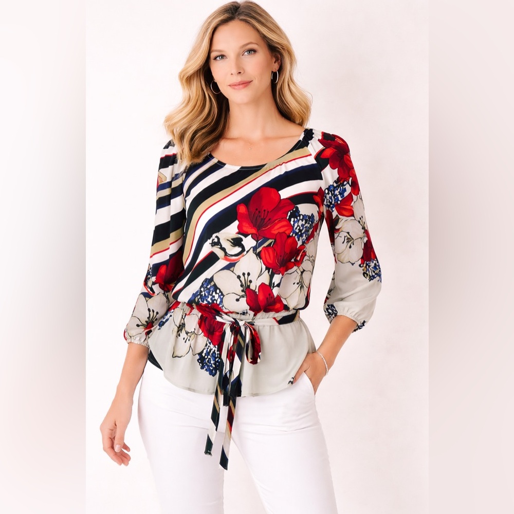 White House Black Market- Red Floral Striped Blouse‎ Size XS
